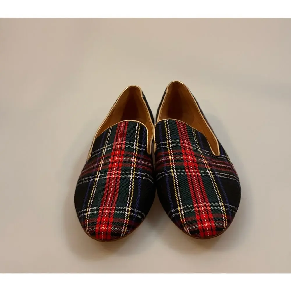 J.Crew Tartan Plaid Venetian Loafers Gold Metallic Piping Flats Women 7.5